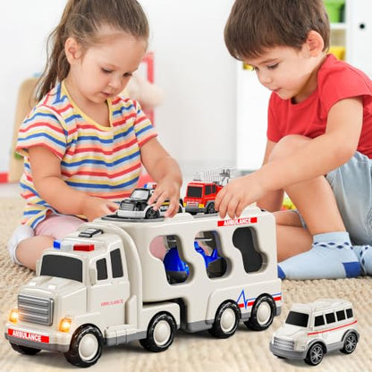 JUKUDAHU 5-in 1 Play Ambulance Toy, Toddler Truck Toys for Boys Ages 3-8 | Friction Powered Vehicle with Light and Sound, Police Car, Fire Truck, Ambulance, Helicopter, Birthday Gifts for Kids Ages 3+ - style: 5 IN 1 Ambulance Truck
