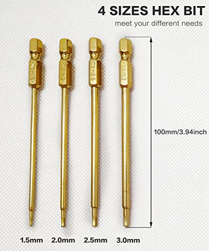 RC Hex Bit Set 1.5, 2.0, 2.5 & 3.0mm for Screwdrivers Electric Screwgun | S2 Steel,Hex Head Allen Wrench Drill,1/4" Shank,RC Repair Working Tools,Titanium Coating