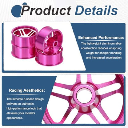 MECCANIXITY 4Pcs RC Car Wheel Rims, 23.5mm Dia 5-Spoke Pink Aluminum Alloy Wheel Rims Hex Hub for HSP RC Drift Racing Touring Car - color: Pink, size: 23.5mm Dia