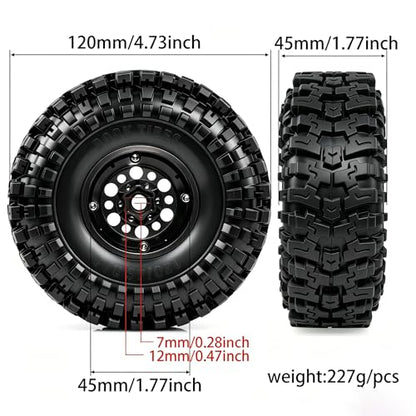 1/10 RC Crawler Tires and Wheels, 1.9" 120mm Rubber Rock Crawler Tires with Beadlock Rims, 4PCS RC Tires for Axial SCX10 TRX-4 1/10 Scale RC Off-Road Trucks (Black) - color: Black