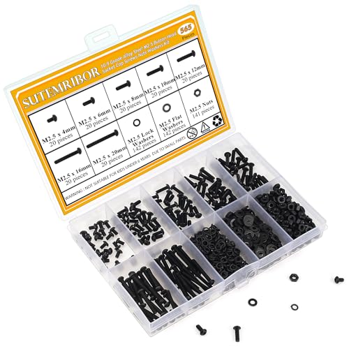 565 Pieces M2.5 Screws Nuts Washers Set Black, Sutemribor M2.5 x 4/6/8/10/12/16/20mm Button Head Socket Cap Screws Nuts Washers Assortment Kit, 10.9 Grade Alloy Steel, Fully Threaded - size: M2.5, style: Button Head Socket Cap