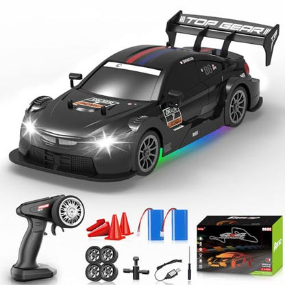 RC Drift Car 1:16, 2.4GHz 4WD Remote Control Car, 30+KM/H High Speed Drifting RC Cars with LED Lights Two Batteries and Drift Tires Racing Cars for Adults Boys Kids, Black - color: Black