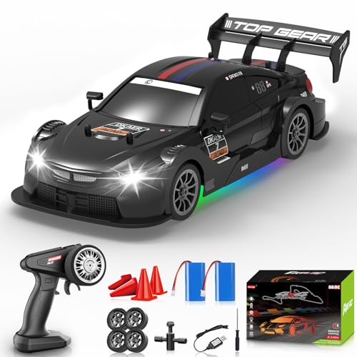 RC Drift Car 1:16, 2.4GHz 4WD Remote Control Car, 30+KM/H High Speed Drifting RC Cars with LED Lights Two Batteries and Drift Tires Racing Cars for Adults Boys Kids, Black - color: Black