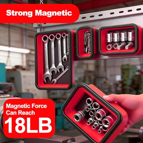 Collapsible Magnetic Parts Tray Set, 3 Different Sizes，Red | 3 Different Sizes, Extra Strong Magnet Up to 18LB, Silicone Foldable - color: Red