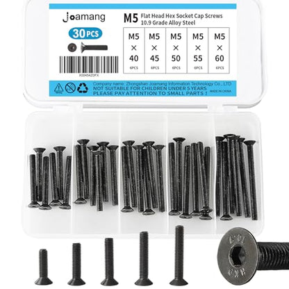 M5 x 40mm 45mm 50mm 55mm 60mm Flat Head Hex Socket Cap Screws, Countersunk Bolts, 10.9 Grade Alloy Steel, Black Oxide Finish, Metric Allen Hex Drive, Fully Threaded, Assortment Kit 30Pcs - size: M5 x 40/45/50/55/60 mm