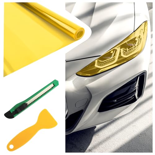 12×47 Inch Car Headlight Tint Film,Self-Adhesive Tail Light Tint Film Kit with Squeegee & Cutter,Universal Taillight Tints Films Automotive Exterior Accessories for Car Fog (Yellow) - color: Yellow
