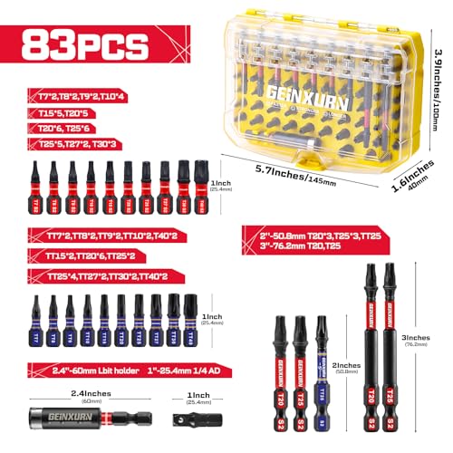 83Pieces Impact Screwdriver Bits Set, Magnetic S2 Steel Torx/Security Torx Insert Power Bits Tips Set with Impact Bit Holder and 1/4”Socket Adapter (Yellow Storage Box Case)