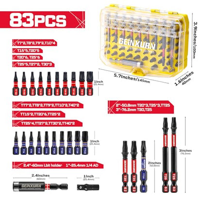 83Pieces Impact Screwdriver Bits Set, Magnetic S2 Steel Torx/Security Torx Insert Power Bits Tips Set with Impact Bit Holder and 1/4”Socket Adapter (Yellow Storage Box Case)
