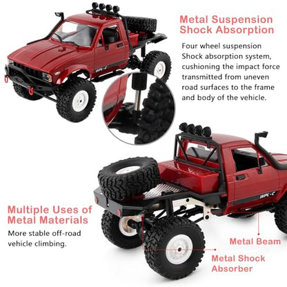 GoolRC RC Truck, WPL C14 RC Crawler 1/16 Scale Remote Control Car, 4WD All Terrain Off Road Semi Truck, 2.4GHz RC Climbing Car with LED Lights and 2 Batteries for Adults (Red) - color: Red