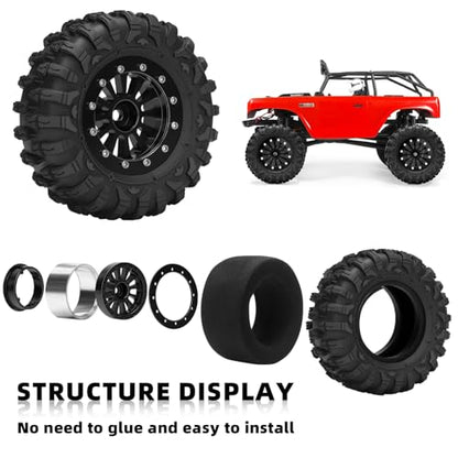 daitoku 1.3 Beadlock Wheels and Tires 1.3" Wheel Tires Set for 1/18 1/24 Trx4m SCX24 RC Crawler Car (4PCS) - Black - color: Black