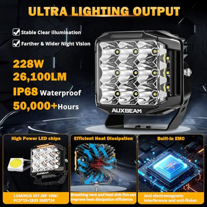 Auxbeam V-MAX Series 7" 228W Cube Offroad Pod Light 270° Side Shooter | Cube Pod Lights with DRL & Back Light, 228W 26100LM Ditch Lights, Spot Flood Combo Beam, LED Driving Light for Jeep Truck - color: 7in Cube LED Pod