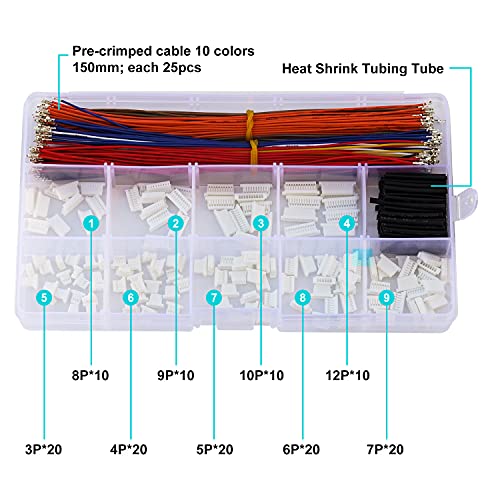 JST Connector Kit 1.0mm Pitch JST-SH 1.0 Micro Connector with Premium 28AWG Pre-Crimped Cables,SH 1.0mm Connector 3/4/5/6/7/8/9/10/12 Pin Housing (SH-Kit) - size: JST-1.0MM-SH