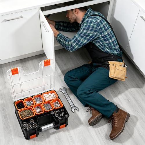 Double Side Tool Box, Multi-Function Storage Toolbox Organizer, 8 Movable Small Trays & Removable Dividers, Transparent Cover Plate, Toolbox For Hobby & Craft Use (15.16"L*12.8"W*6.3"H)