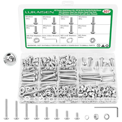 307 Pcs M5 Hex Button Cap Screws Nuts Flat Washers Kit, 304 SS | With Flat & Spring Washers & Wrench, for Bicycles, Skateboards & DIY, M5 x 8mm-35mm, Clear Label Storage Box - size: SS M5 307pcs 2