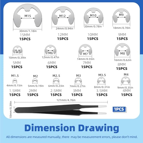 Glarks 211pcs 304 Stainless Steel E-Clips Retaining Rings Assortment Set 14 Sizes E-Ring Circlip Rings Heat Treated External Retaining Clips E-Clips Retainer Circlip Rings with Tweezers for Gears