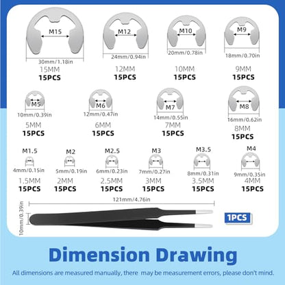Glarks 211pcs 304 Stainless Steel E-Clips Retaining Rings Assortment Set 14 Sizes E-Ring Circlip Rings Heat Treated External Retaining Clips E-Clips Retainer Circlip Rings with Tweezers for Gears