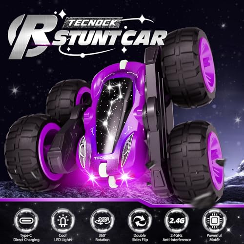 Tecnock Remote Control Car for Kids, 2.4GHz RC Cars with USB-C Easy Charging, 4WD Double Sided 360° Rotates and Flips RC Stunt Car, Toys Gift for Boys and Girls Ages 6-8, 8-12 - color: Purple