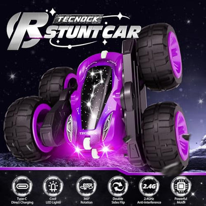 Tecnock Remote Control Car for Kids, 2.4GHz RC Cars with USB-C Easy Charging, 4WD Double Sided 360° Rotates and Flips RC Stunt Car, Toys Gift for Boys and Girls Ages 6-8, 8-12 - color: Purple