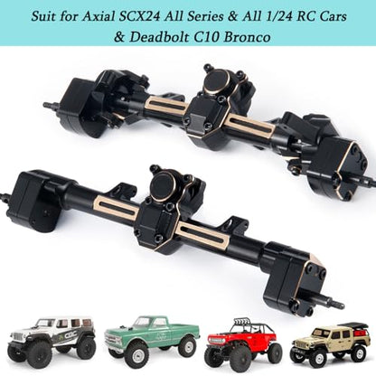SCX24 Universal Front and Rear Axles Set for 1/24th RC Crawlers C10 JLU | and Gladiator Deadbolt Bronco, with Brass Counterweights - color: Front & Rear