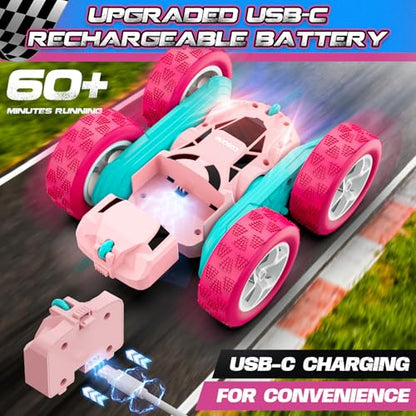 cosone Pink Remote Control Car for Girls | 2.4GHz RC Stunt Car, 360° Spins & Double Sided Driving, LED Lights, USB-C Rechargeable, One-Click Demo - color: Pink Pro