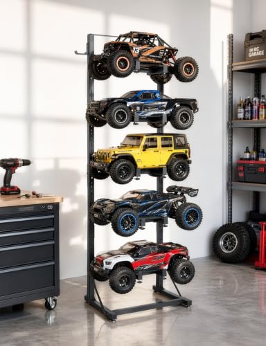 RC Car Display Stand 5-Tier Adjustable Shelf for 1/8 1/10 1/12 1/18 1/24 Scale Models – Compatible with TRX4, SCX10, TRX4M, Ascent-18, FCX18, SCX24 Crawler Trucks with Side Hooks for Remotes & Tools