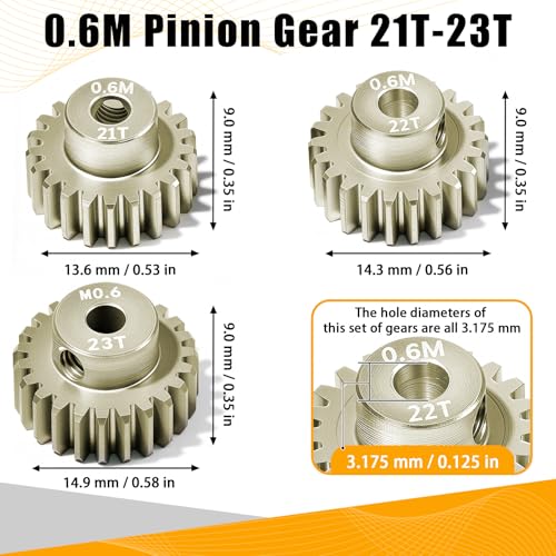 3PCS 0.6 Mod 0.6M Pinion Gear Set 21T 22T 23T, 7075 Aluminum Alloy with 3.175mm Bore for 540 550 Brushed Brushless Motors, Fits for 1/10 Tamiya Redcat HSP HPI RC Cars - size: 21 22 23T