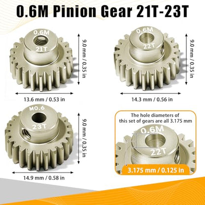 3PCS 0.6 Mod 0.6M Pinion Gear Set 21T 22T 23T, 7075 Aluminum Alloy with 3.175mm Bore for 540 550 Brushed Brushless Motors, Fits for 1/10 Tamiya Redcat HSP HPI RC Cars - size: 21 22 23T