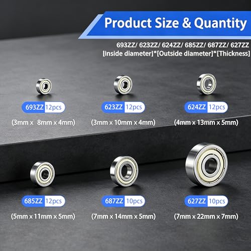 Dianrui 68 PCS 693ZZ/ 623ZZ/ 624ZZ/ 685ZZ/ 687ZZ/ 627ZZ Ball Bearings Assortment Kit, Small Bearings Carbon Steel Deep Groove Bearing, for Furniture Wheel, Roller Skates, 3D Printing and ect —6 Size - size: Assorted kit