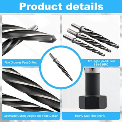 Rocaris 5 Pcs M2 HSS Taper Chucking Reamer Drill Bit Set | 3/8", 1/2", 5/8", 3/4", 13/16", For Steel, For Alloy, For Aluminum, For Wood & Plastic - size: 3/8 in, 1/2 in, 5/8 in, 3/4 in, 13/16 in