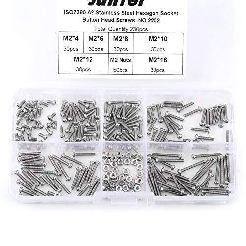 230pcs M2 Stainless Steel Hex Socket Screws boulon argent 2 mm SS304 Hex Socket Button Head Screws Bolts and Nuts Assortment Kit, for Home and Office Appliance, Machinery Przemysł i nauka