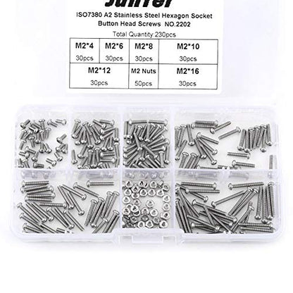 230pcs M2 Stainless Steel Hex Socket Screws boulon argent 2 mm SS304 Hex Socket Button Head Screws Bolts and Nuts Assortment Kit, for Home and Office Appliance, Machinery Przemysł i nauka