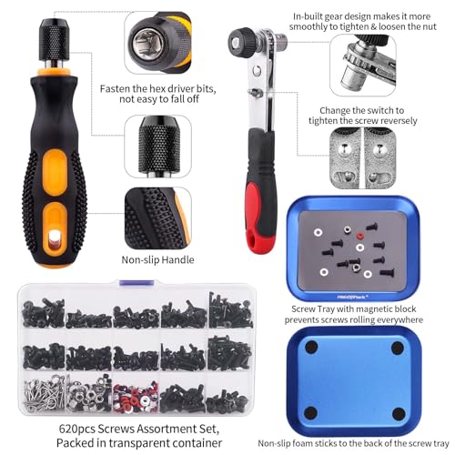 HobbyPark 620pcs RC Screw Kit Screws Assortment Set Hardware RC Repair Tools Kit RC Screwdrivers Hex Drivers 17mm Wheel Wrench for 1/8 1/10 1/12 1/16 Scale RC Car Truck Crawler Buggy