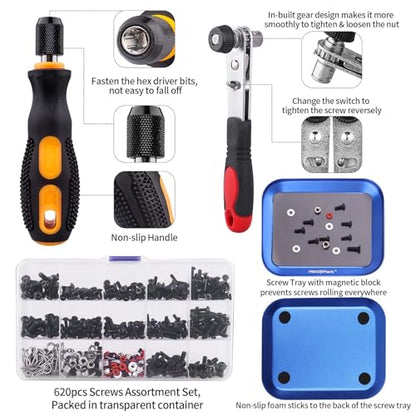 HobbyPark 620pcs RC Screw Kit Screws Assortment Set Hardware RC Repair Tools Kit RC Screwdrivers Hex Drivers 17mm Wheel Wrench for 1/8 1/10 1/12 1/16 Scale RC Car Truck Crawler Buggy