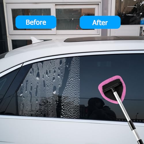 Car Windshield Cleaner Tool, Extendable Handle Pentagonal Vehicle Window Cleaning Kit with 4 Reusable Pads Spray Bottle, Auto Windscreen Detailing Cleaner, Universal Fit (Pink) - size: Pink