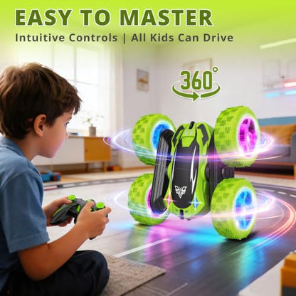 KKONES Remote Control Car, 2.4GHz Electric Race 4WD Flips Stunt Car, Green | Double Sided 360° Rolling Rotation, LED Headlights, High Speed Off Road Gift for 3 4 5 6 7 8-12 Year Old Boy Toys - color: Green