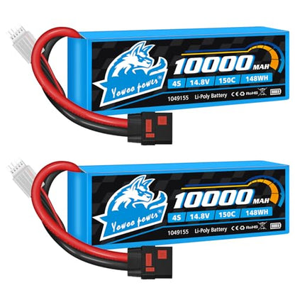 Yowoo 2 Pack 4S 14.8V 10000mAh 150C Graphene LiPo Battery QS8 | With metal plates for durability. Fits Xmaxx RC cars, trucks, tanks and other racing hobby models