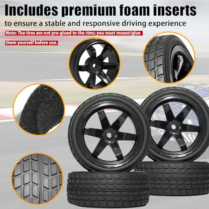 OD 2.65" On Road Rubber Tires Plastic Wheel Rims 12mm Hex for 1/10 RC Car | Compatible with MJX HSP Tamiya HPI Kyosho Traxxas Sakura Redcat WLtoys 1/10 RC On-Road Racing Touring Car (4pcs, Black) - style: C-Black