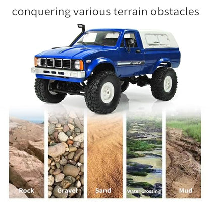 RC Truck 1/16 RC Rock Crawler, WPL C24 4x4 RC Pickup Truck, 2.4GHz Remote Control Car, All Terrain Off Road RC Climbing Car with Headlights and 2 Batteries for Adults (Blue) - color: Blue
