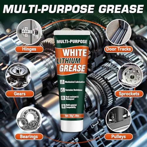 White Lithium Grease Tube with Brush, Multi-Purpose Lithium Grease, Garage Door Lubricant for Hinges, Bearings, Gears, Ideal for Automotive, Marine, Industrial, Waterproof & Rust-Proof (1)