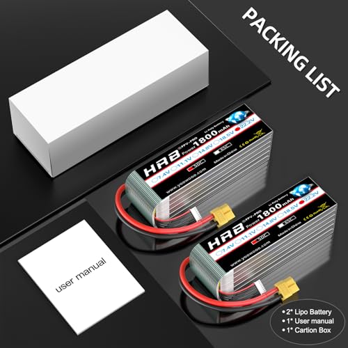 HRB 2PCS 1800mAh 6S 22.2V 50C Lipo Battery with XT60 Plug Compatible with RC Helicopter