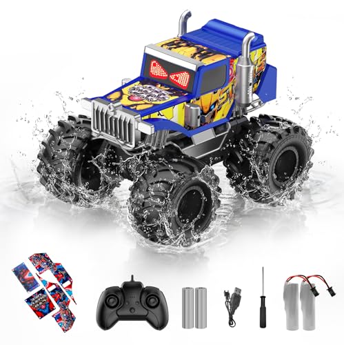 Amphibious Monster Truck Toy for Boy, 1:18 Remote Control Car with LED Eyes | 2.4 GHz Waterproof RC Cars, 360° Rotating, 4WD All Terrain RC Truck, Pool, Land, Outdoor Kids Toys, Boy Birthday Gift Ages 6+ - color: Blue/Yellow