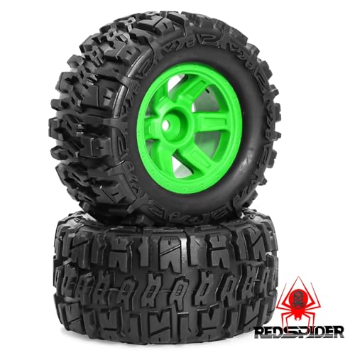 REDSPIDER 1/14 RC Monster Truck Wheel Rim Tires (4pcs) Hex 12mm OD 3.54'' for 1/12 1/14 1/16 RC Off Road Monster Truck TRX E-REVO Summit HPI SAVAGEGT-2XS REDCAT Volcano-16 (Green) - color: Green