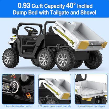 Hetoy 24V 2-Seater Ride On Dump Truck with Parent Remote Control, 4WD 6-Wheel Electric Car for Big Kids, UTV Style Dump Bed & Music Horn, ASTM/CPSIA Certified (Ages 3+) - color: White