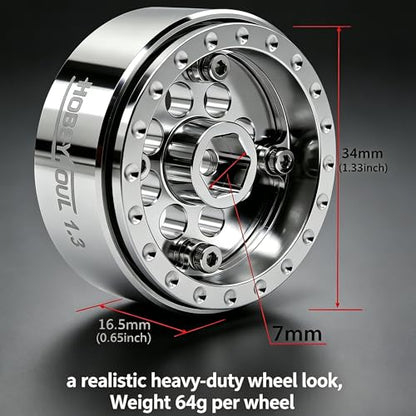 Stainless Steel 1.3 Beadlock Wheels 64g/Rim Fits TRX4M SCX24 | 4-Pack, adjustable offset 304 stainless steel silver rims & 7mm hex hub, upgrade parts for 1/18 & 1/24 micro RC crawler - color: Silver