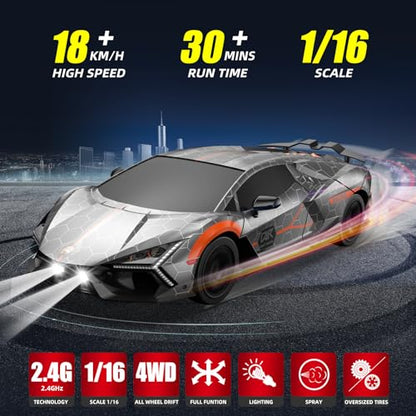 RC Drift Car, Drifting RC Car 2.4GHz 1:16 4WD High Speed Remote Control Cars Vehicle with LED Lights Two Batteries and Drifting Tires Racing Sport Toy Cars for Adults Boys Girls Kids Sliver - color: Silver