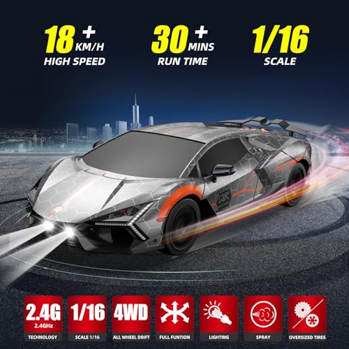 RC Drift Car, Drifting RC Car 2.4GHz 1:16 4WD High Speed Remote Control Cars Vehicle with LED Lights Two Batteries and Drifting Tires Racing Sport Toy Cars for Adults Boys Girls Kids Sliver - color: Silver