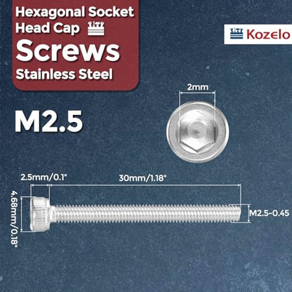 30pcs Socket Head Cap Screws - [M2.5-0.45 x 30mm] 304 Stainless Steel Allen Socket Drive for Electrical Motor 3D Printing Fan Engine Replacement Use, Silver - size: M2.5-0.45x30mm