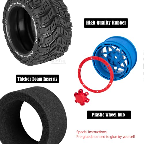 RC Truck Wheel and Tires for 1/16 SUMMIT E-REVO GORGON GROM MINI KRATON M-J-X H-B-X S-C-Y RC Car,Monster Truck Car Wheel Tires w/Plastic Wheels Rim,Soft Tire Highway Wheels (4PCS),Navy Blue Red - color: Navy Blue-red(rc Wheels Tires)