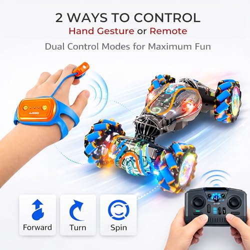 Gesture Control RC Car for Kids – Transparent Colorful Twist Drift Stunt Car, Hand Gesture Sensor, 4WD Double-Sided Car, 360° Spins & Flips, LED Lights, Spray Exhaust, All-Terrain Toy Boys 6-12