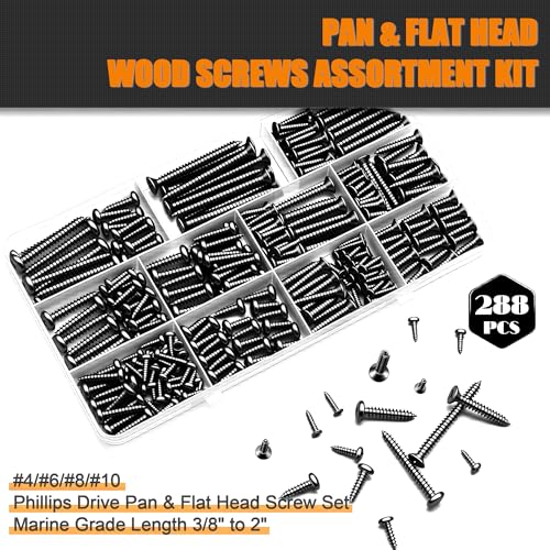 Dianrui 288 PCS Black Wood Screws Assortment Kit, Assorted Sheet Metal Screws #4/#6/#8/#10, ‌Phillips Drive Pan & Flat Head Screw Set Marine Grade Length 3/8" to 2" - size: 288PCS-BK